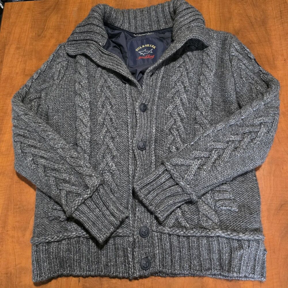Paul & Shark Yachting Mens Chunky Cable Knit Wool Alpaca Blend Cardigan Jacket L